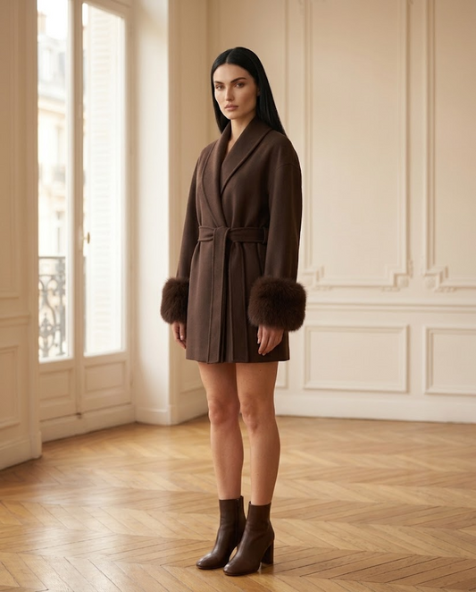 Manteau Maryline chocolat – de trois-quarts – Eymora