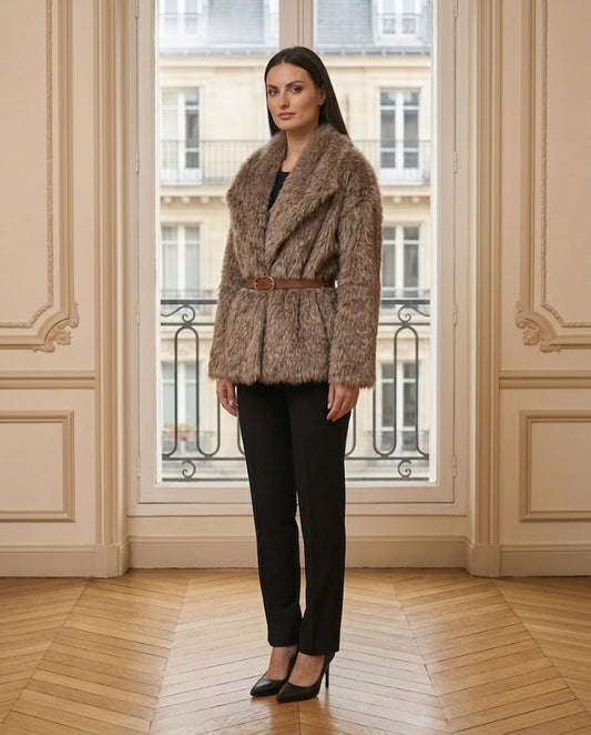 Veste fausse fourrure ceinturée marron clair – de trois-quarts – Eymora