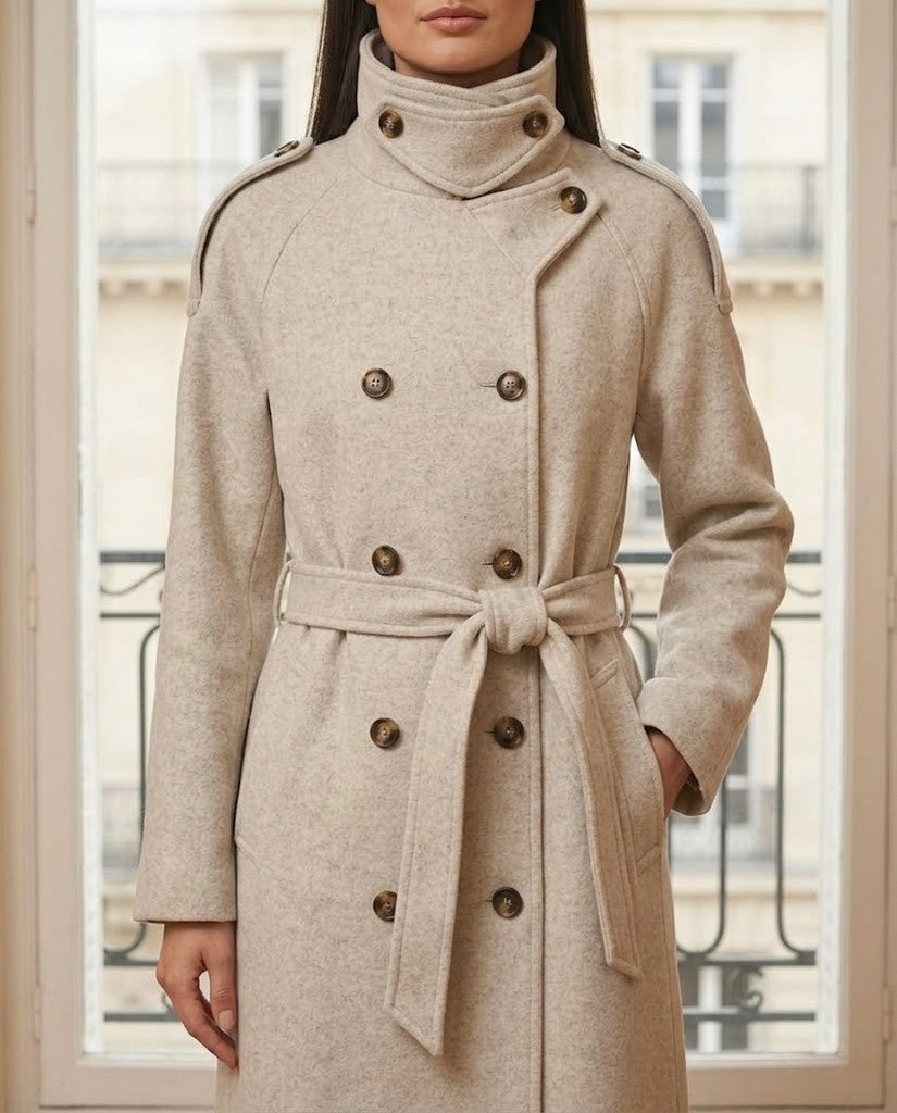 Manteau long col montant crème – détail – Eymora