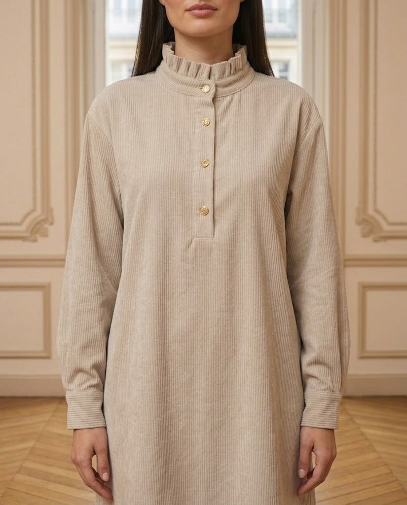 Robe chemise velours côtelé taupe – détail – Eymora