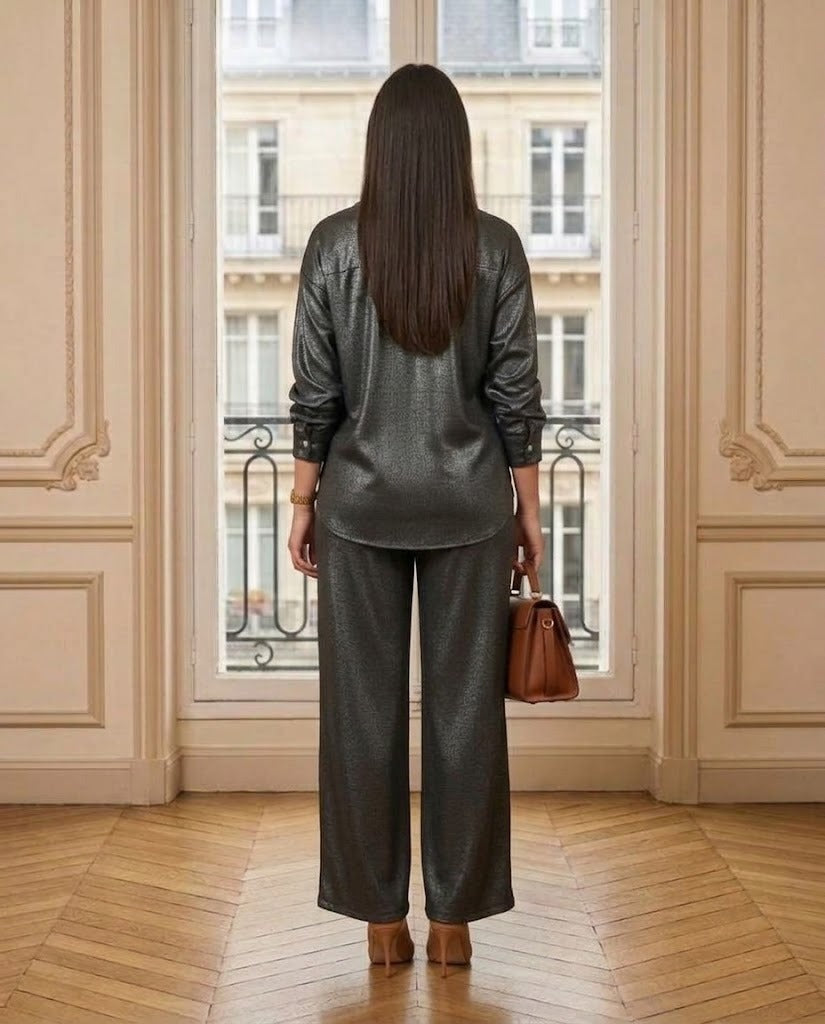 Ensemble chemise et pantalon satiné gris foncé – vue de dos – Eymora