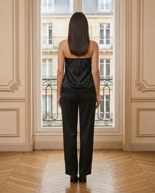 Ensemble bustier dentelle et pantalon satin noir – vue de dos – Eymora