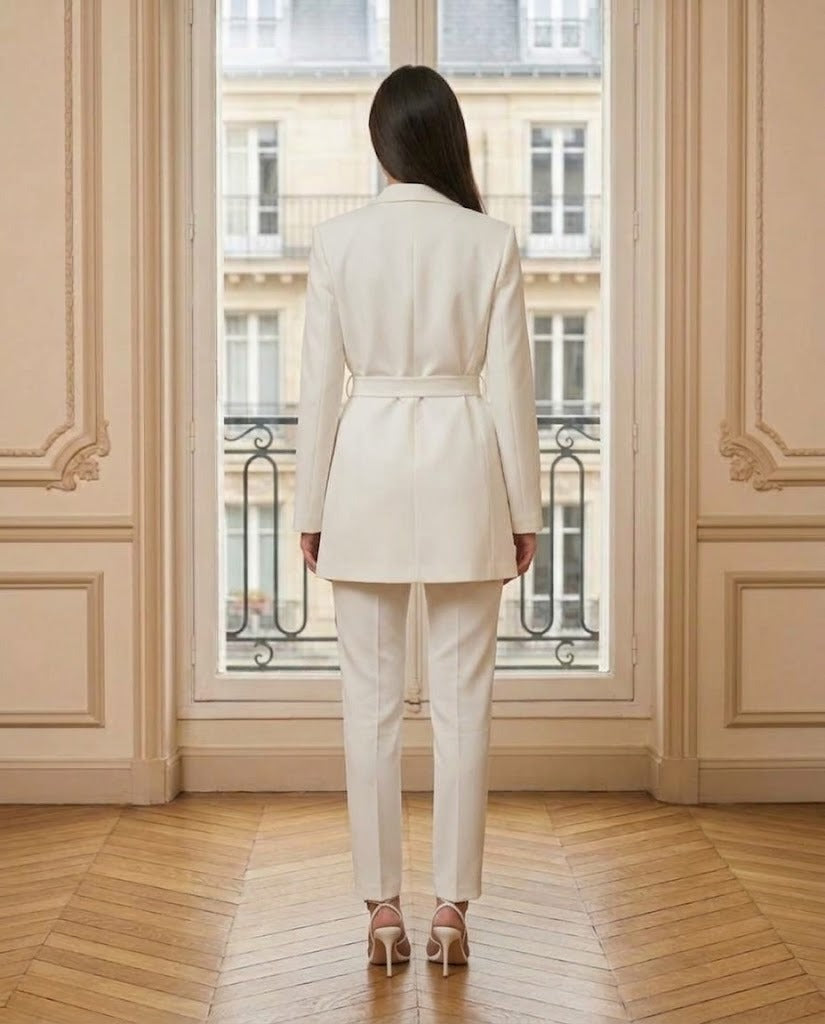 Blazer fluide ceinturé blanc – vue de dos – Eymora