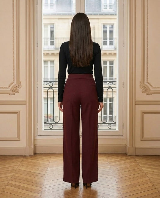 Pantalon Large Fluide Tailleur bordeaux – de dos – Eymora
