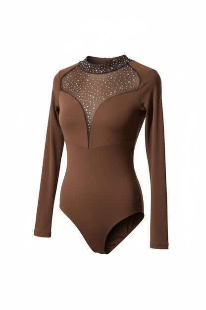 Body manches longues avec empiècement transparent et strass