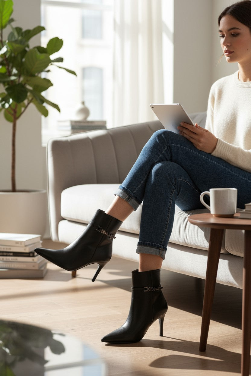 Bottines à Talons Aiguille Effet Cuir noir portées – Eymora