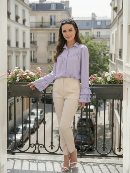 Chemise Fluide Lilas à Manches Volants – Élégance Romantique