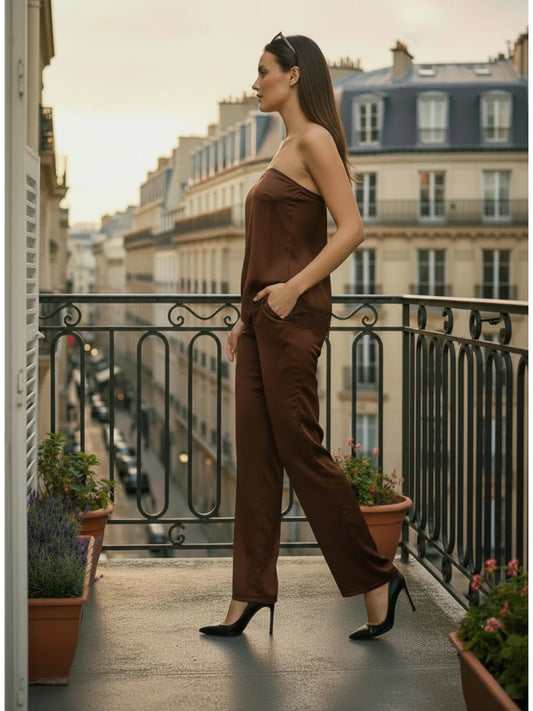 Ensemble Bustier Finition Dentelle & Pantalon Satin Chic – Chocolat Intense