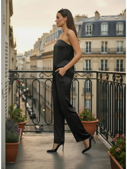 Ensemble Bustier Finition Dentelle & Pantalon Satin Chic – Noir Intense