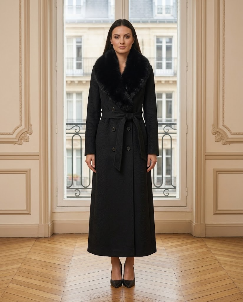 Manteau long Melissa noir – de face – Eymora