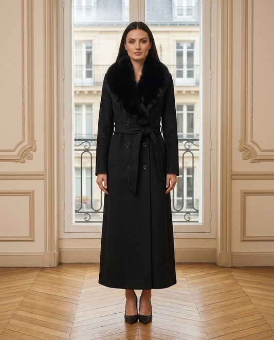 Manteau long Melissa noir – de face – Eymora