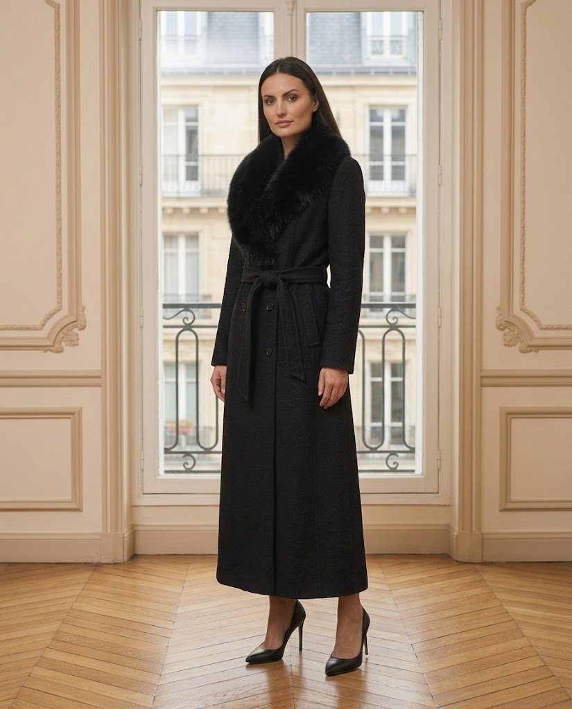 Manteau long Melissa noir – de trois-quarts – Eymora