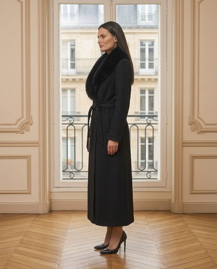 Manteau long Melissa noir – de profil – Eymora