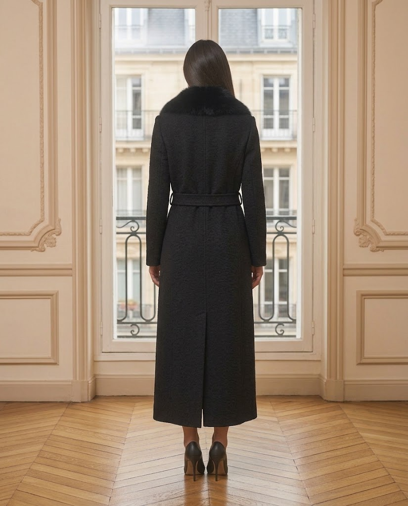 Manteau long Melissa noir – de dos – Eymora