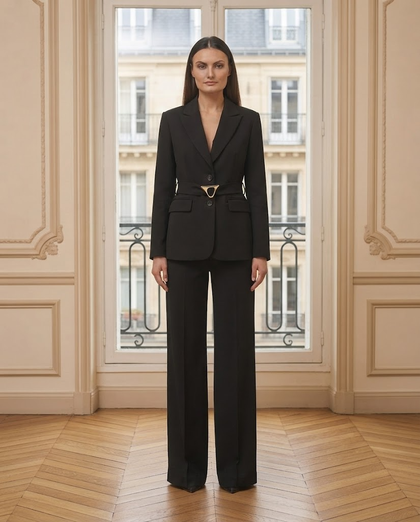 Ensemble blazer et pantalon noir – de face – Eymora
