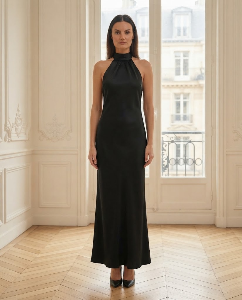 Robe satin dos nu Angela noire – de face – Eymora