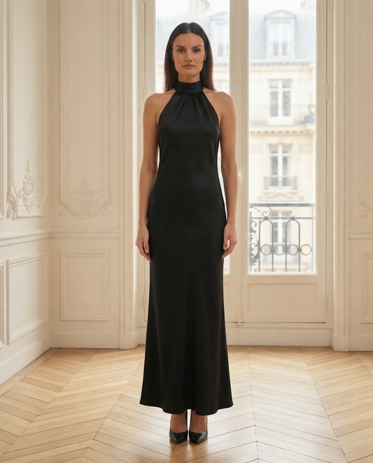 Robe satin dos nu Angela noire – de face – Eymora