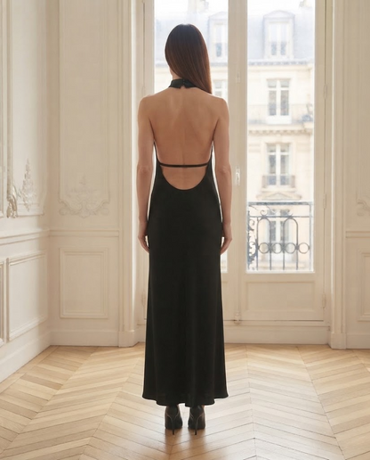 Robe satin dos nu Angela noire – de dos – Eymora
