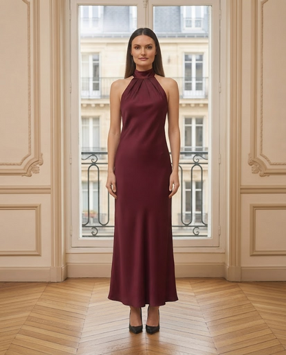 Robe satin dos nu Angela bordeaux – de face – Eymora