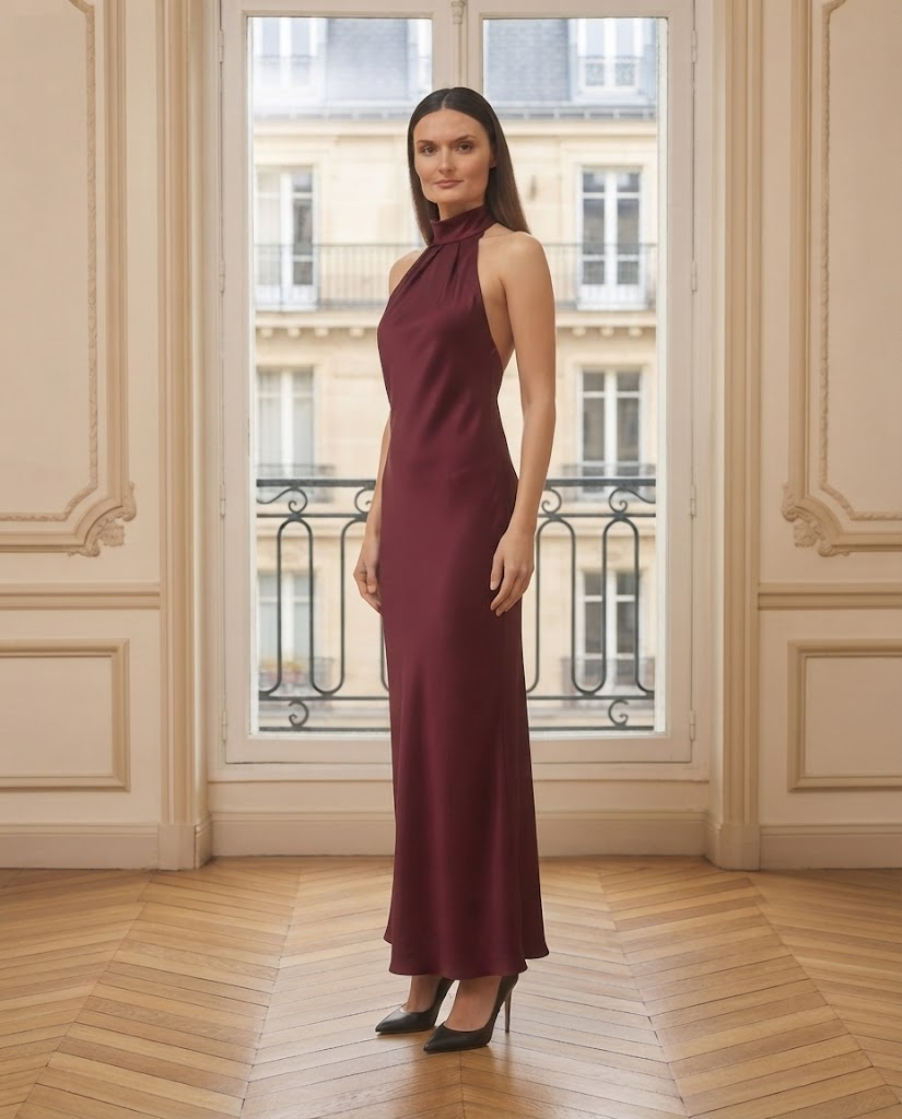 Robe satin dos nu Angela bordeaux – de trois-quarts – Eymora