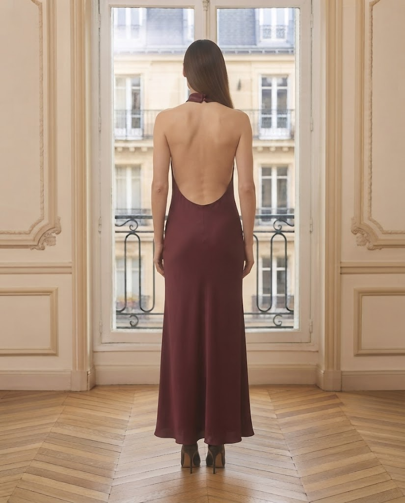 Robe satin dos nu Angela bordeaux – de dos – Eymora