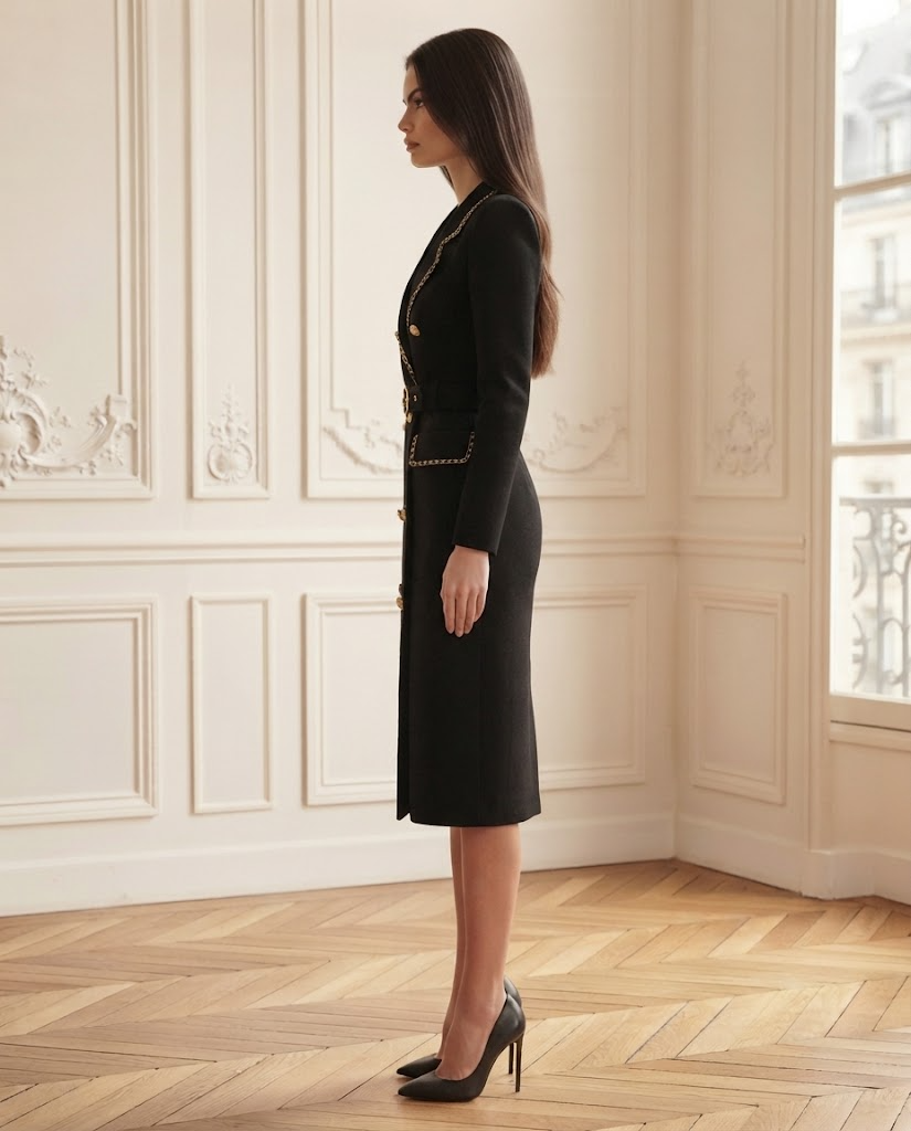 Robe maille style blazer noire – de profil – Eymora