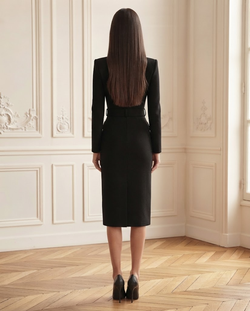 Robe maille style blazer noire – de dos – Eymora
