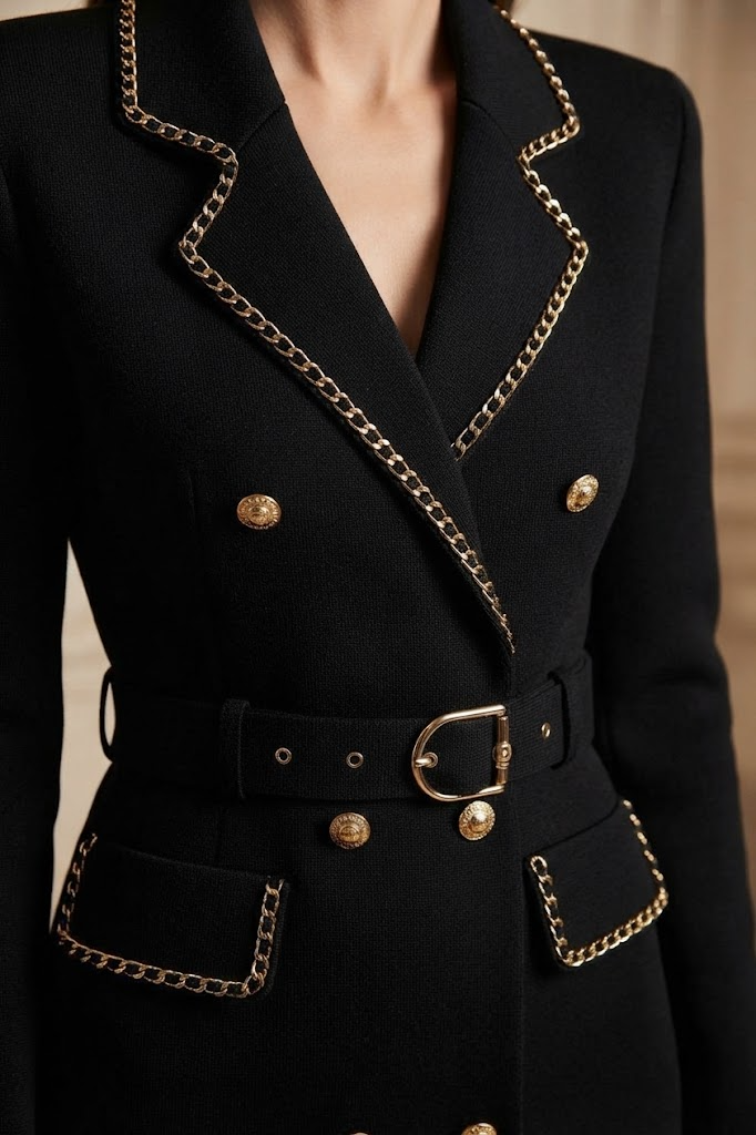 Robe maille style blazer noire – détail de la matière – Eymora