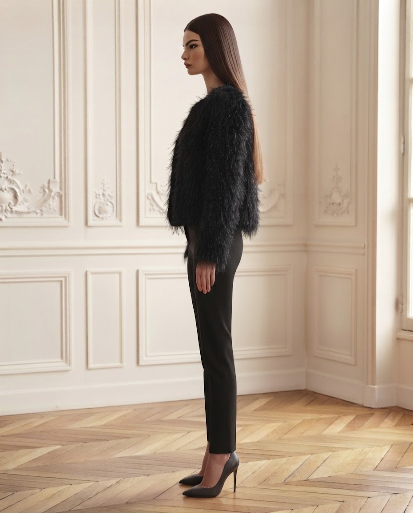 Veste scintillante noire – de profil – Eymora