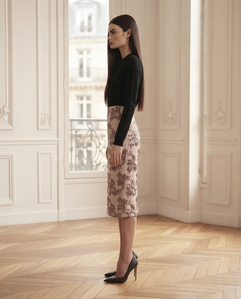 Jupe mi-longue à sequins nude – de profil – Eymora