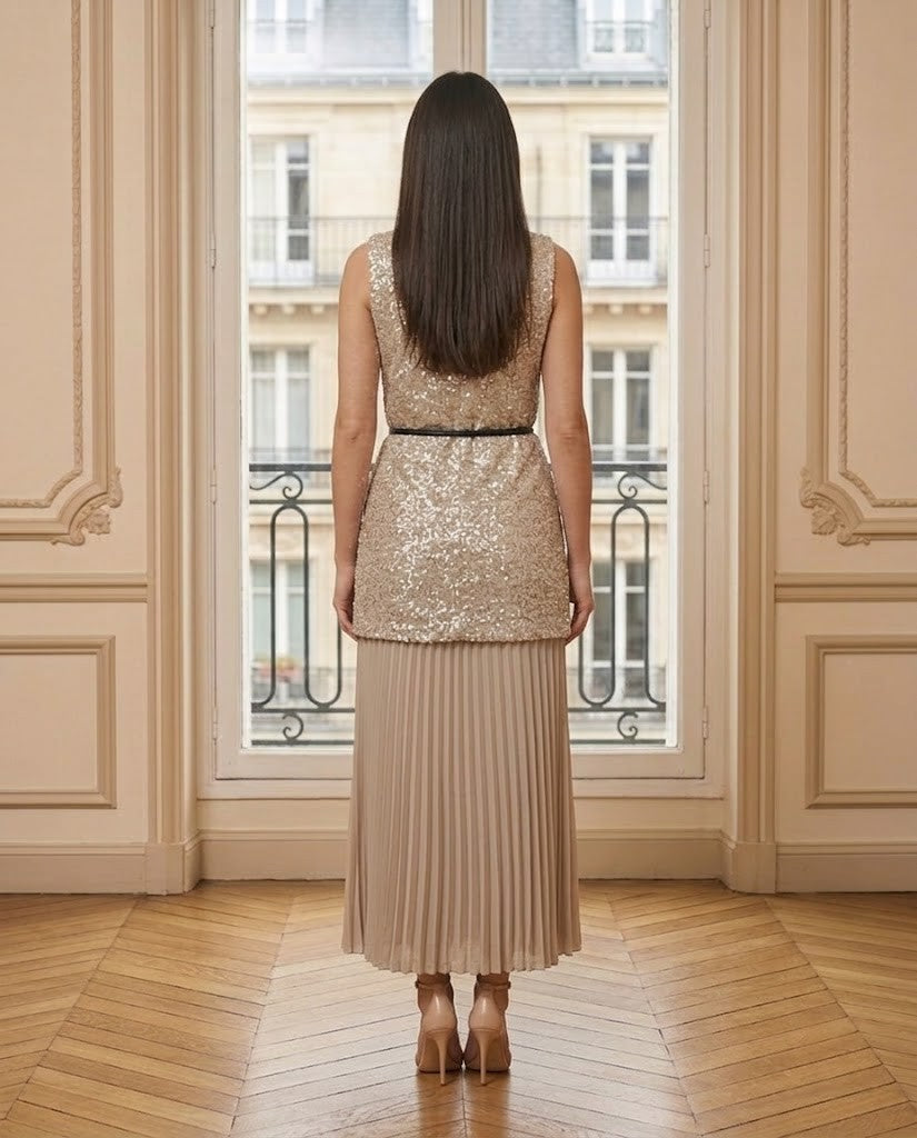 Ensemble tunique pailletée et jupe plissée beige – de dos – Eymora