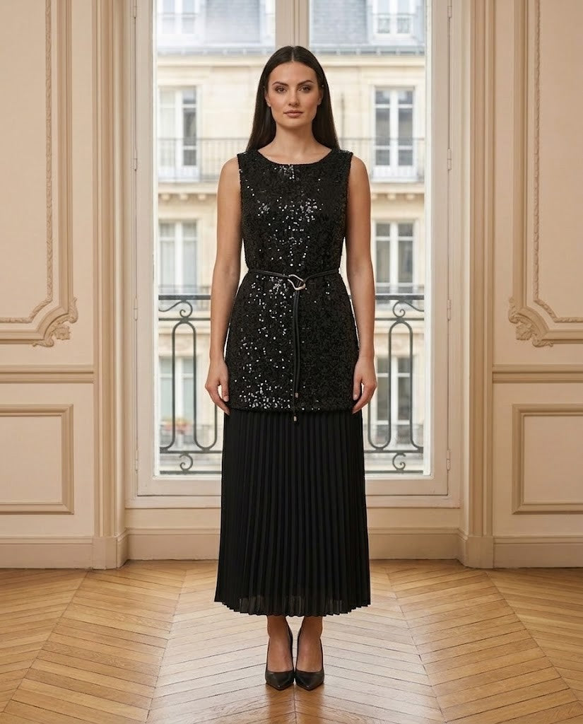Ensemble tunique pailletée et jupe plissée noir – de face – Eymora