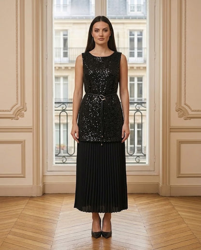 Ensemble tunique pailletée et jupe plissée noir – de face – Eymora