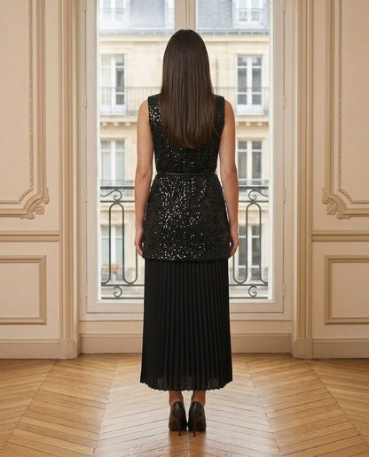 Ensemble tunique pailletée et jupe plissée noir – de dos – Eymora