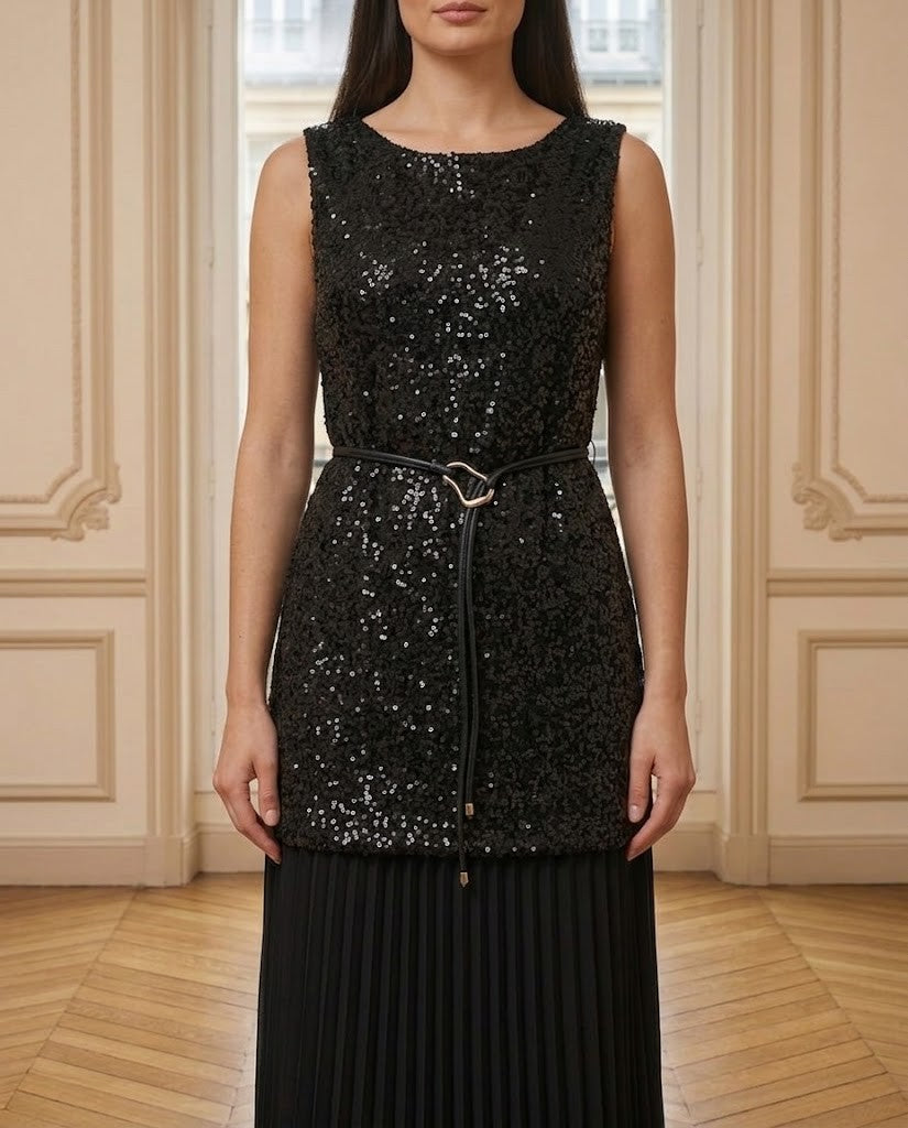 Ensemble tunique pailletée et jupe plissée noir – détail – Eymora