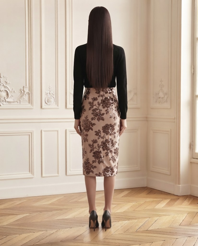 Jupe mi-longue à sequins nude – de dos – Eymora