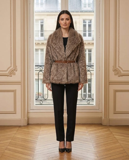 Veste fausse fourrure ceinturée marron clair – de face – Eymora