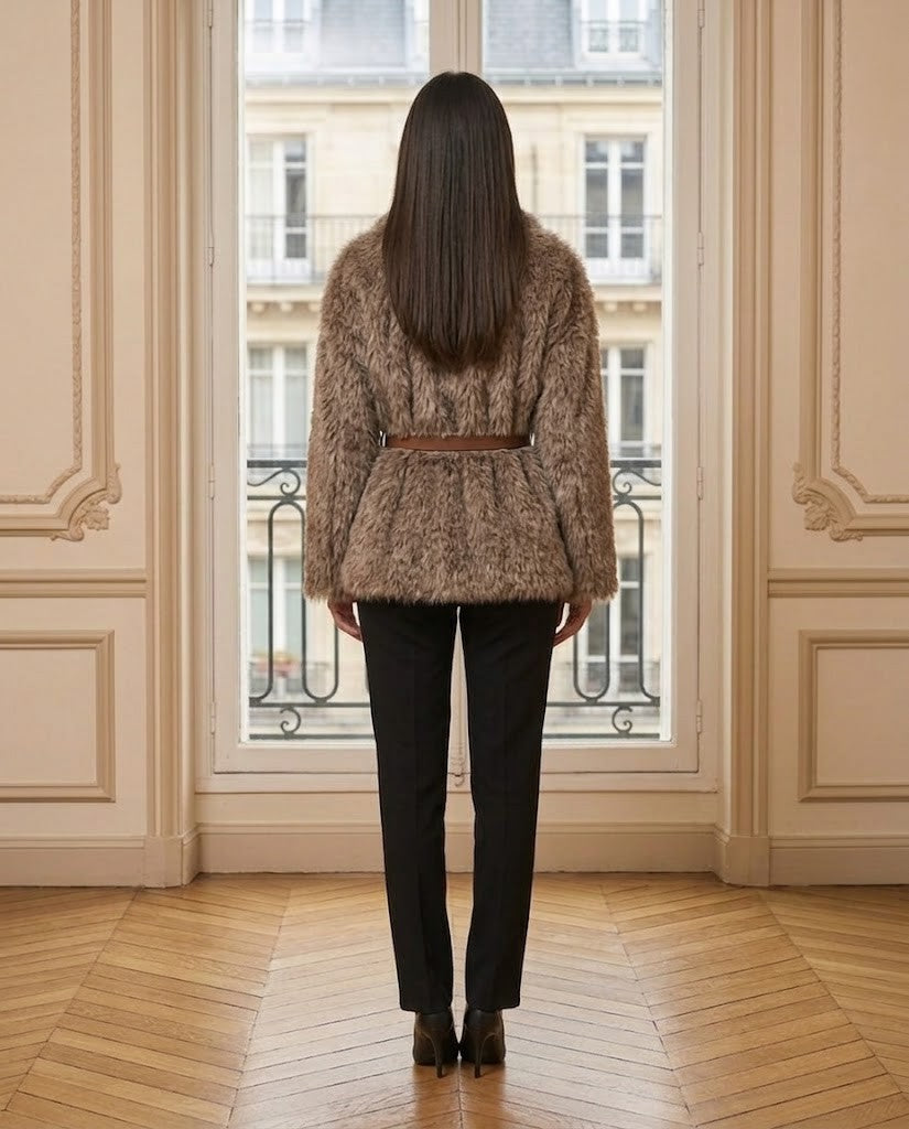 Veste fausse fourrure ceinturée marron clair – de dos – Eymora