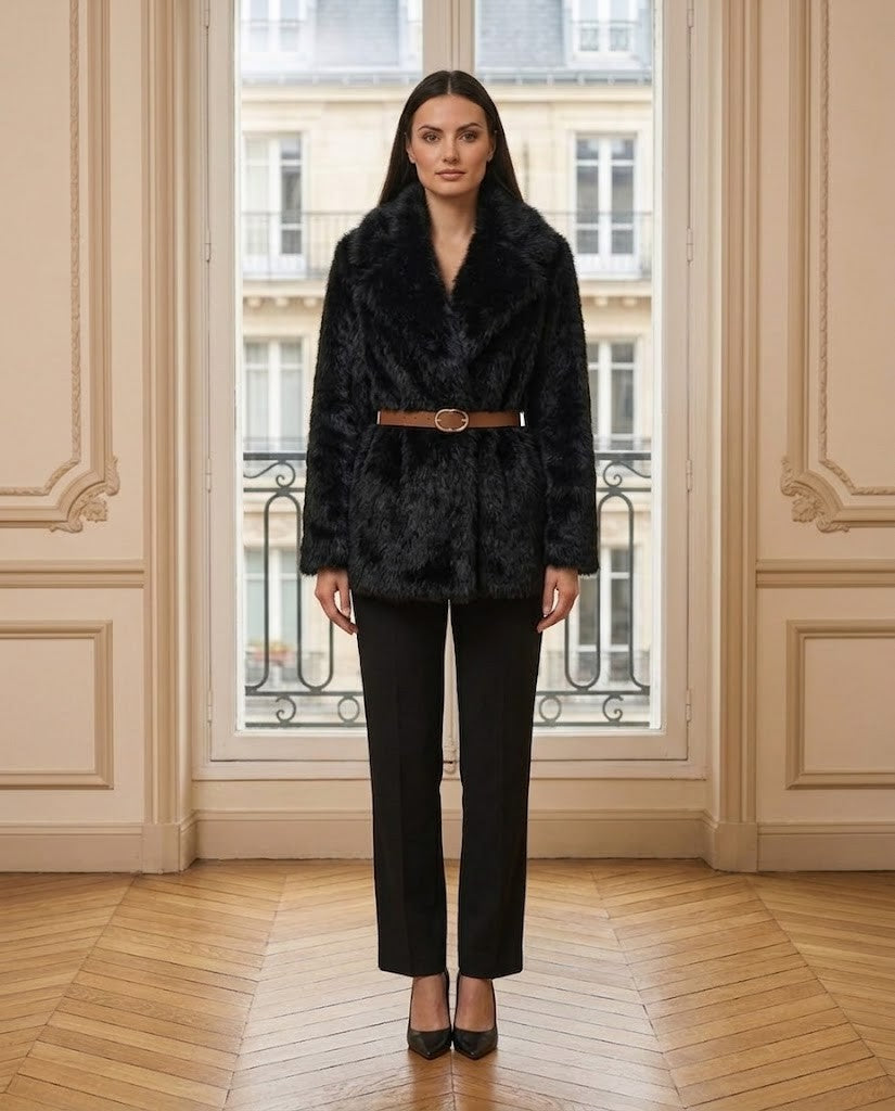 Veste fausse fourrure ceinturée noir – de face – Eymora