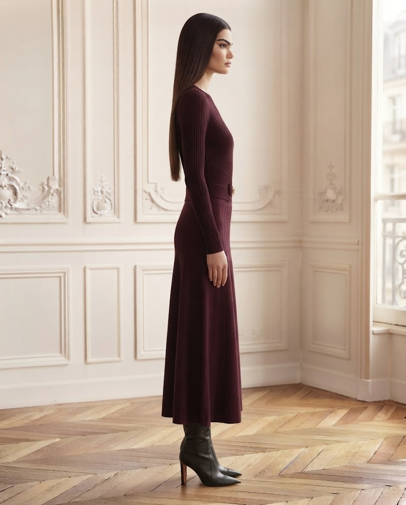 Ensemble maille pull et jupe bordeaux – de profil – Eymora