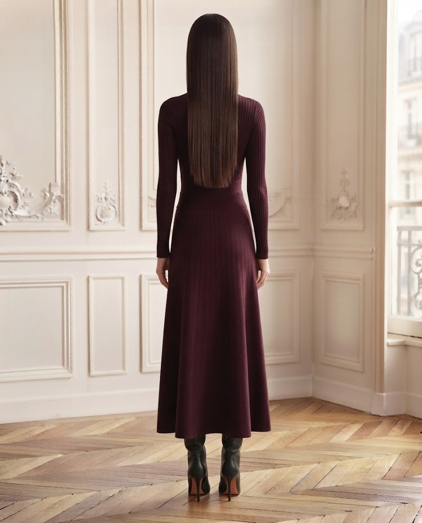 Ensemble maille pull et jupe bordeaux – de dos – Eymora