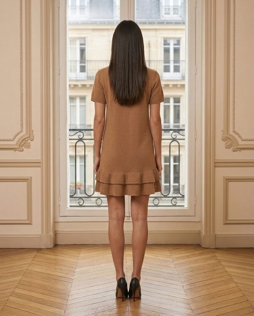 Robe courte à volants caramel – de dos – Eymora
