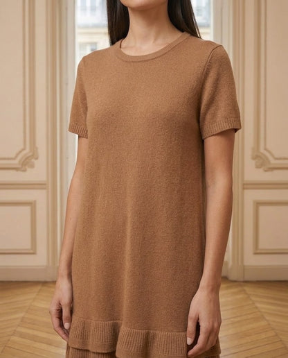 Robe courte à volants caramel – détail – Eymora