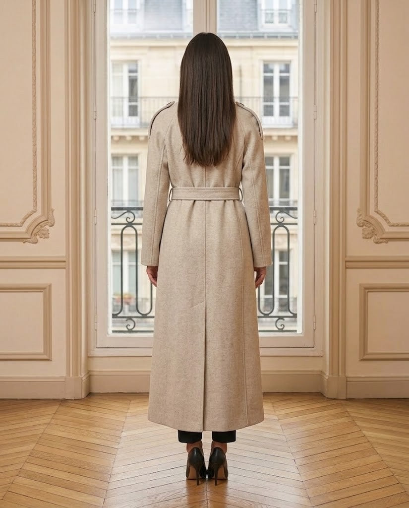 Manteau long col montant crème – de dos – Eymora