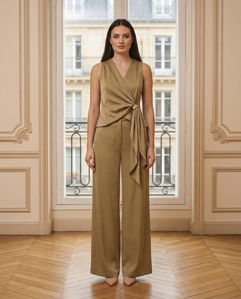 Ensemble top drapé et pantalon satiné taupe – de face – Eymora
