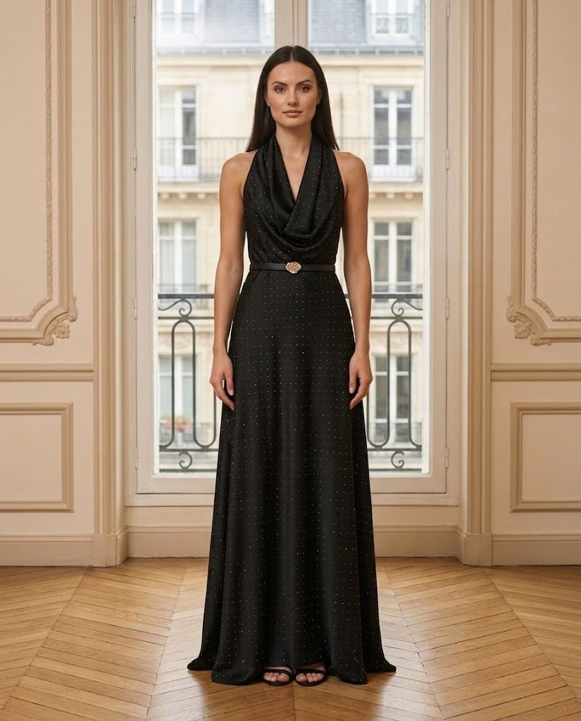 Robe longue satinée col bénitier noir – de face – Eymora