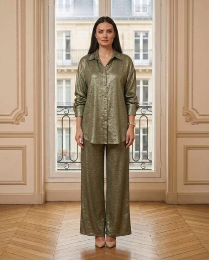 Ensemble chemise et pantalon satiné kaki – vue de face – Eymora