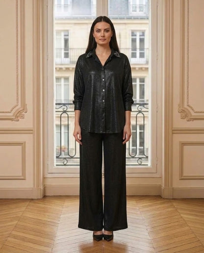 Ensemble chemise et pantalon satiné noir – vue de face – Eymora