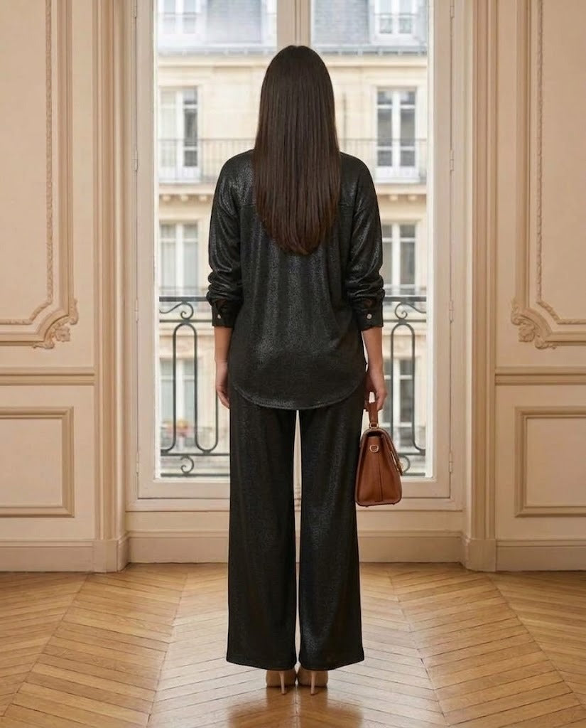 Ensemble chemise et pantalon satiné noir – vue de dos – Eymora