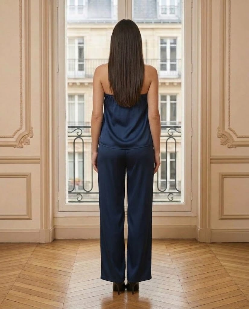 Ensemble bustier dentelle et pantalon satin bleu – vue de dos – Eymora